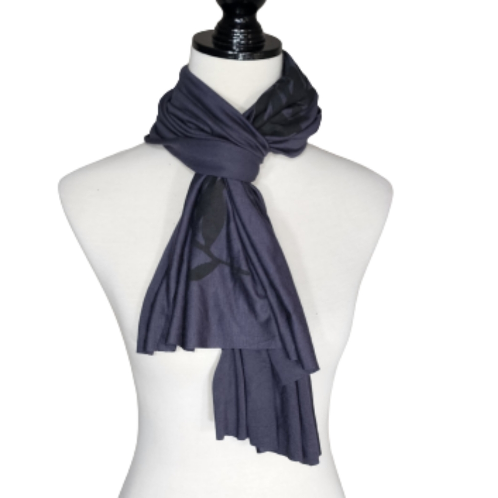 Dark gray lightweight scarf with black leaf print